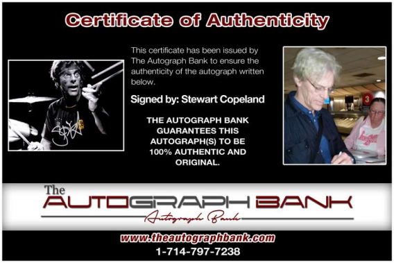 Stewart Copeland certificate of authenticity from the autograph bank