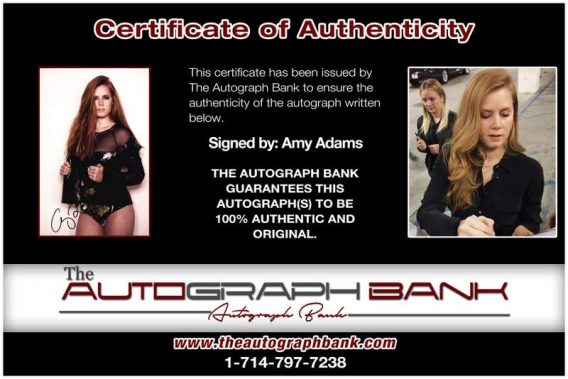 Amy Adams certificate of authenticity from the autograph bank