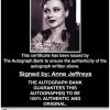 Anne Jeffreys certificate of authenticity from the autograph bank