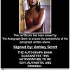 Ashley Scott certificate of authenticity from the autograph bank