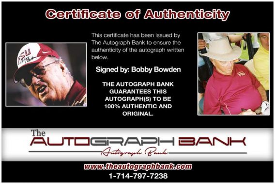 Bobby Bowden certificate of authenticity from the autograph bank
