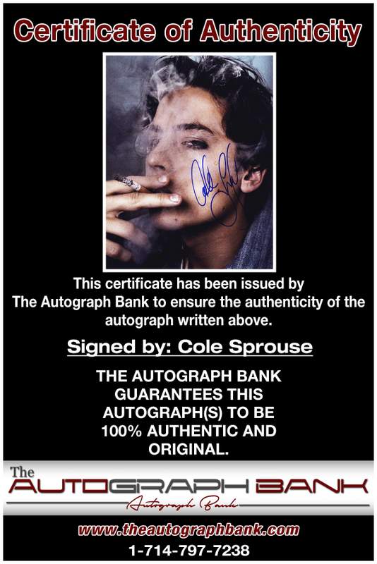 Cole Sprouse certificate of authenticity from the autograph bank