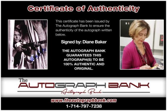 Diane Baker certificate of authenticity from the autograph bank