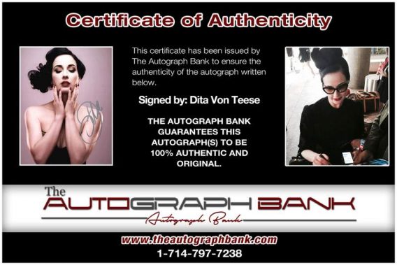 Dita Von Teese certificate of authenticity from the autograph bank