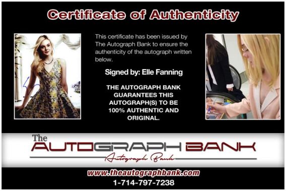 Elle Fanning certificate of authenticity from the autograph bank