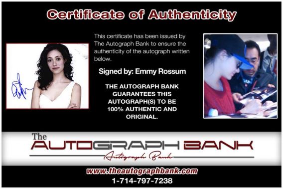 Emmy Rossum certificate of authenticity from the autograph bank
