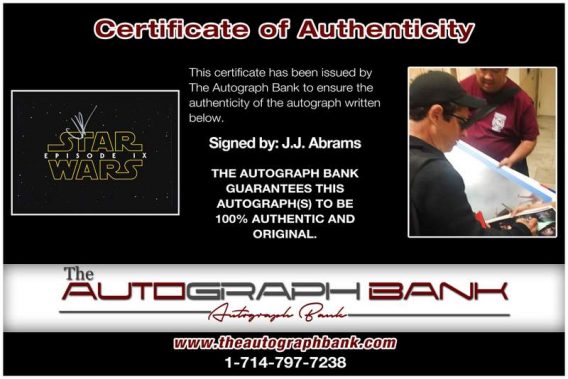 Jj Abrams certificate of authenticity from the autograph bank