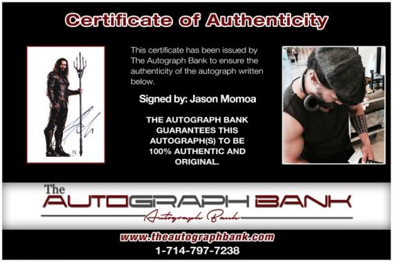 Jason Momoa certificate of authenticity from the autograph bank
