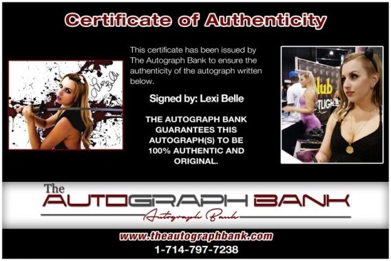 Lexi Belle certificate of authenticity from the autograph bank