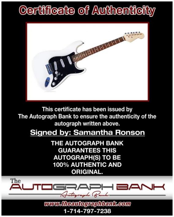 Samantha Ronson certificate of authenticity from the autograph bank
