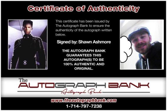 Shawn Ashmore certificate of authenticity from the autograph bank