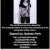 Sydney Park certificate of authenticity from the autograph bank
