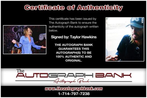Taylor Hawkins certificate of authenticity from the autograph bank