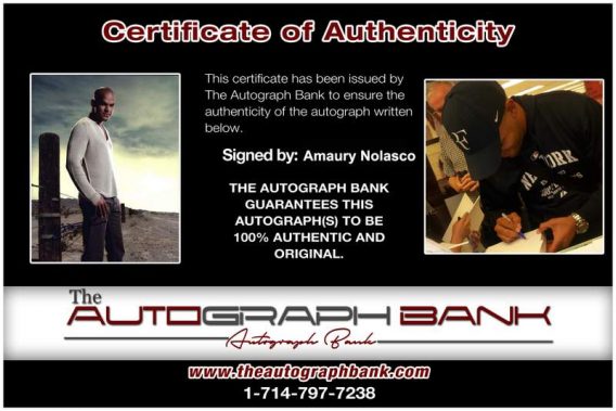 Amaury Nolasco Certificate of Authenticity from The Autograph Bank
