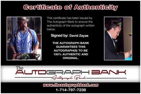 David Zayas Certificate of Authenticity from The Autograph Bank
