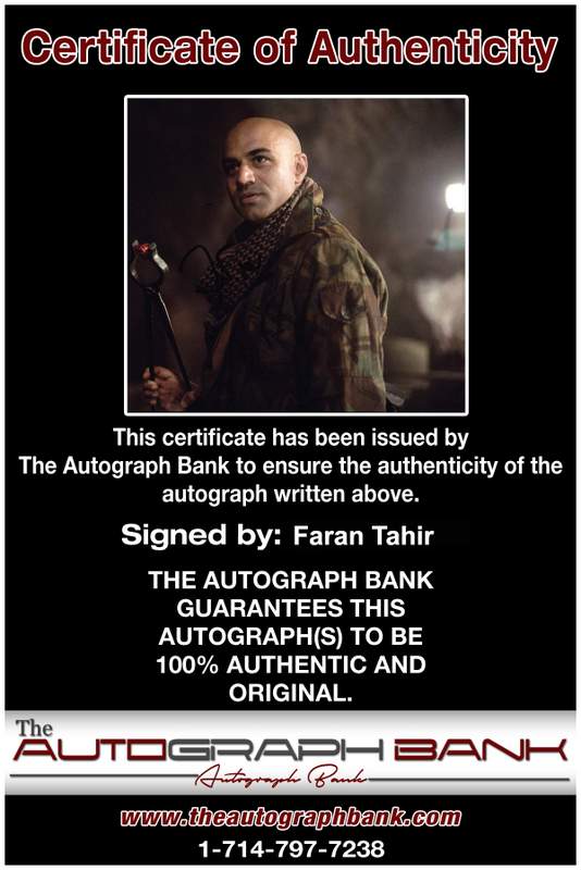 Faran Tahir Certificate of Authenticity from The Autograph Bank