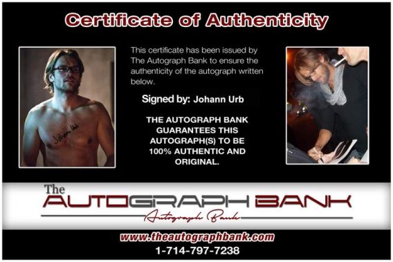 Johann Urb Certificate of Authenticity from The Autograph Bank