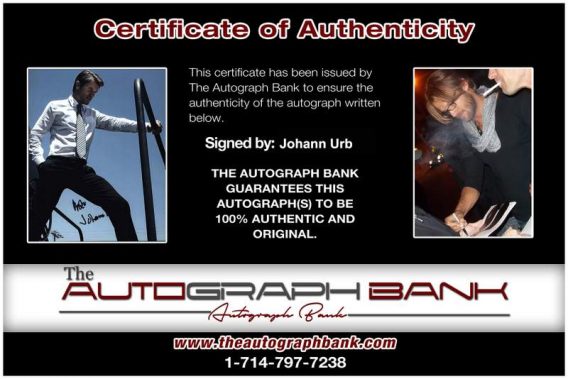 Johann Urb Certificate of Authenticity from The Autograph Bank