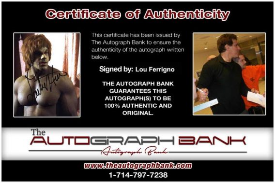 Lou Ferrigno Certificate of Authenticity from The Autograph Bank