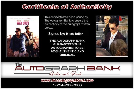 Miles Teller Certificate of Authenticity from The Autograph Bank