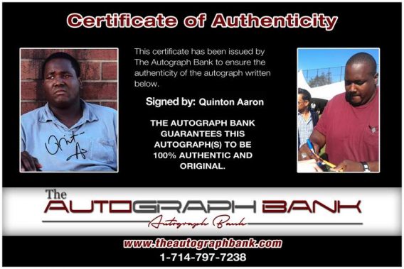 Quinton Aaron Certificate of Authenticity from The Autograph Bank