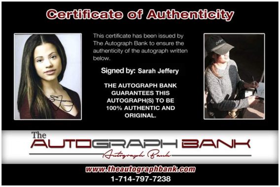 Sarah Jeffery Certificate of Authenticity from The Autograph Bank