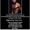 Sean Faris Certificate of Authenticity from The Autograph Bank