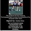 Tennis player Andrea Vane Certificate of Authenticity from The Autograph Bank