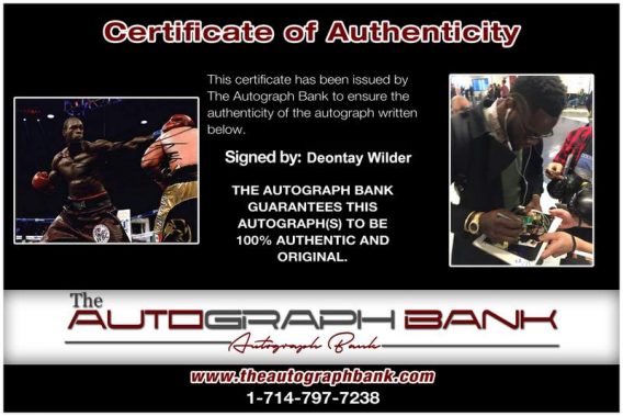 Boxer Deontay Wilder Certificate of Authenticity from The Autograph Bank