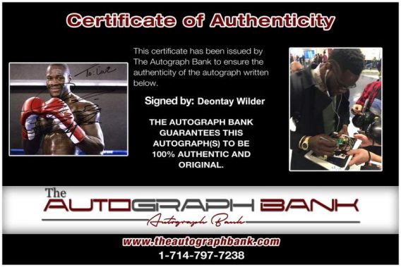 Boxer Deontay Wilder Certificate of Authenticity from The Autograph Bank