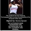 Tennis player Romina Oprandi Certificate of Authenticity from The Autograph Bank