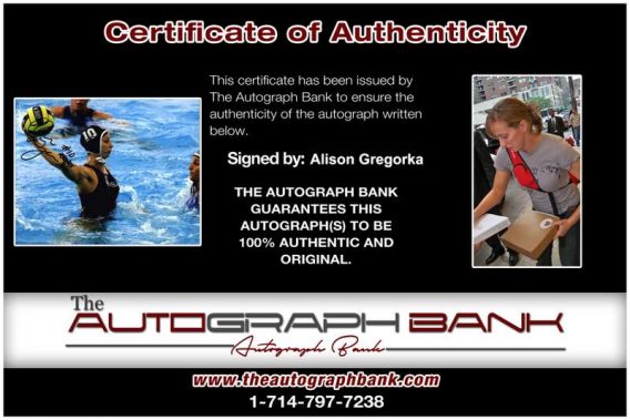 Olympic Water Polo Alison Gregorka Certificate of Authenticity from The Autograph Bank