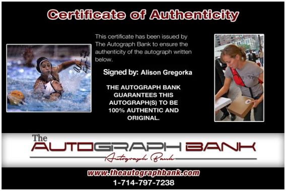 Olympic Water Polo Alison Gregorka Certificate of Authenticity from The Autograph Bank