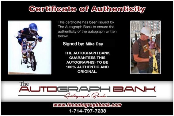 Olympic BMX Mike Day Certificate of Authenticity from The Autograph Bank