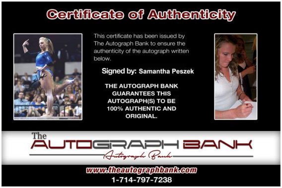 Olympic Gymnastics Samantha Peszek Certificate of Authenticity from The Autograph Bank