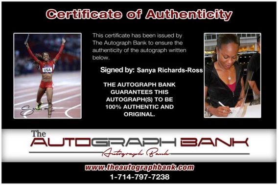 Olympic Track Sanya Richards-Ross Certificate of Authenticity from The Autograph Bank