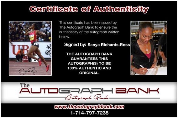 Olympic Track Sanya Richards-Ross Certificate of Authenticity from The Autograph Bank