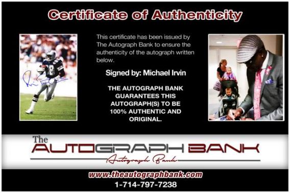 Michael Irvin Certificate of Authenticity from The Autograph Bank