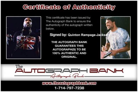 Quinton Rampage Jackson Certificate of Authenticity from The Autograph Bank