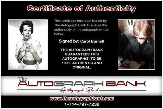 Carol Burnett Certificate of Authenticity from The Autograph Bank