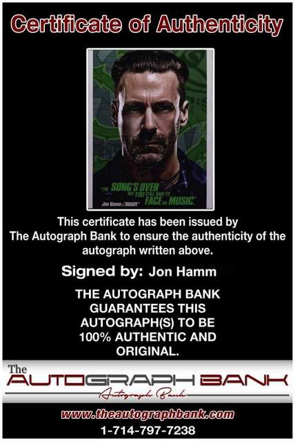 Jon Hamm Certificate of Authenticity from The Autograph Bank