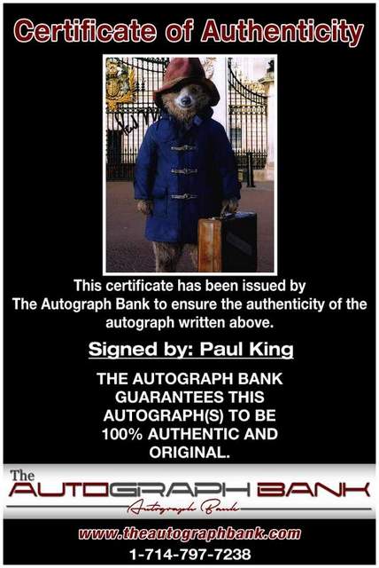 Paul King Certificate of Authenticity from The Autograph Bank