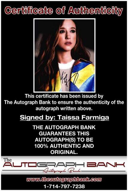Taissa Farmiga Certificate of Authenticity from The Autograph Bank