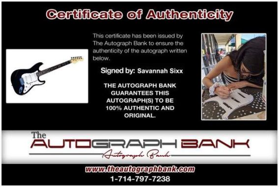 Savannah Sixx certificate of authenticity from The Autograph Bank