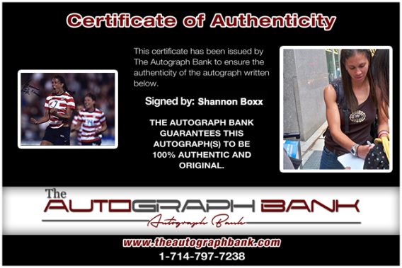 Olympic soccer Shannon Boxx Certificate of Authenticity from The Autograph Bank